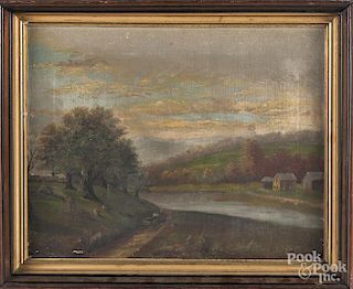 Oil on canvas landscape with apple pickers