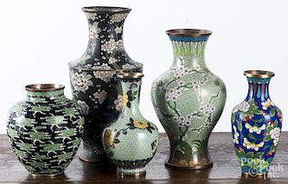 Five cloisonné vases, tallest - 14 1/2''.