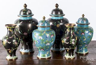 Three pairs of cloisonné vases, tallest - 14'' h.