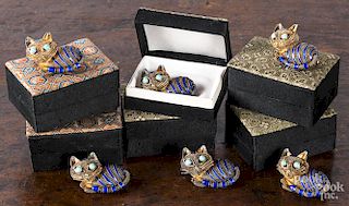 Six Chinese silver enamel cat pins, early 20th c.
