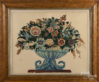 American watercolor and cutwork urn of flowers