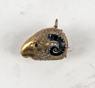 Embossed brass and enameled ram head match safe