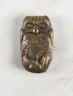 Japanese figural brass owl with rat match safe