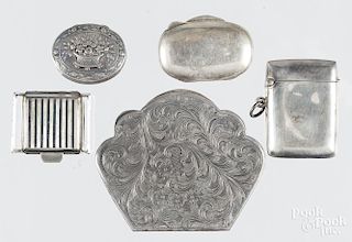 Four silver boxes, together with a Semca watch.
