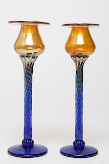 Lusterware Glass Candle Holders, Orange-Gold Pair