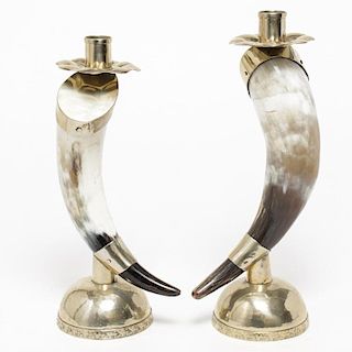 Mid-Century Horn Candlesticks, Metal-Mounted Pair