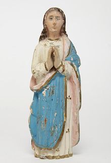 Antique Polychrome Santos Figure, Praying Madonna