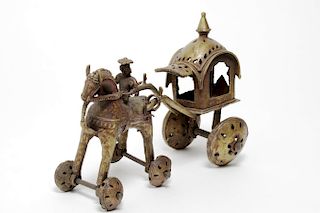 Indian Cast Brass Horse & Carriage Pull Toy
