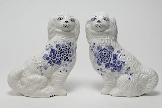Italian Porcelain Blue White Seated Dogs, Pair