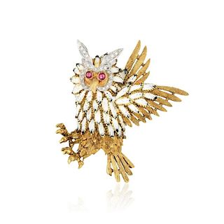 A Diamond and Enamel Owl Pin
