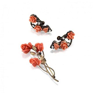 A Carved Coral Flower Earrings and Pin Set