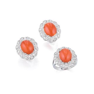 A Set of Coral and Diamond Earrings and Ring