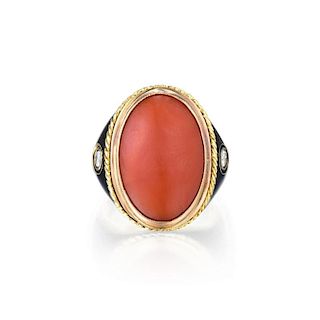 A 1940's Coral Diamond and Enamel Ring
