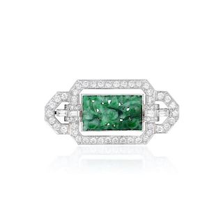 An Art Deco Jade and Diamond Pin