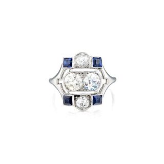 Art Deco Period Platinum Diamond and Sapphire Ring
