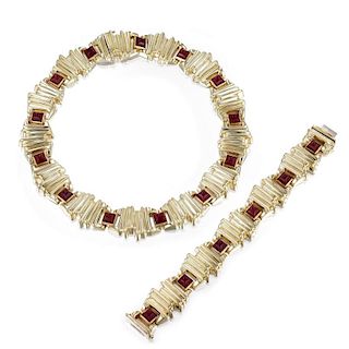 A Sculptural Fluted Gold and Carnelian Necklace and Bracelet