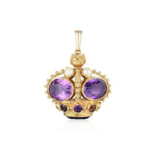 An Amethyst and Pearl Crown Pendant