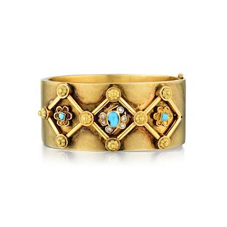 An Antique Diamond and Turquoise Bangle