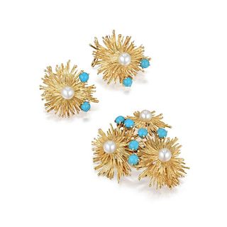 A Yellow Gold Starburst Brooch and Earrings Set