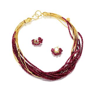 Gurman Gold and Ruby Bead Necklace and Earrings Set