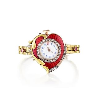 Antique Red Guilloche Enamel and Diamond Ladies Watch