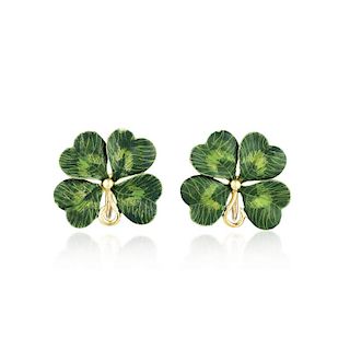 A Pair of Enamel Four-Leaf Clover Earrings