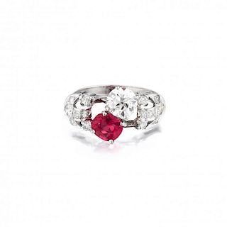 An Art Deco Diamond and Synthetic Ruby Ring