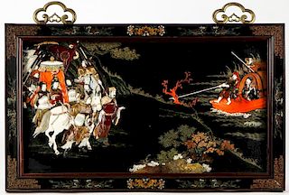 Chinese Inlaid Stone Picture of a Court Procession