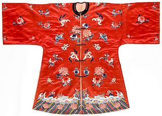 Antique Chinese Red Silk Embroidered Robe