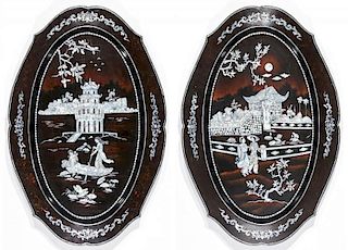 Pair of Large Lacquered Wood trays with Mother of Pearl Inlay