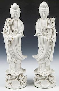 Pair of Chinese Blanc de Chin Guanyin Figures