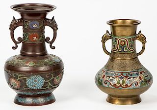 2 Old Japanese Cloisonne Bronze Vases