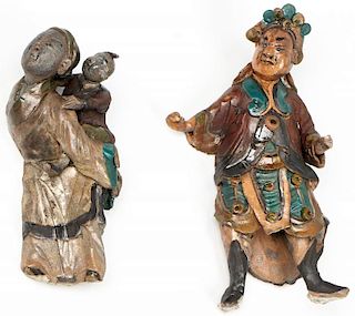 2 Antique Chinese Glazed Polychrome Ceramic Figures