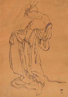 Antique Japanese "Geisha" Ink drawing on Paper