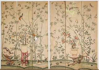 Two 3-Panel Sets of Antique Chinoiserie Oil Paintings