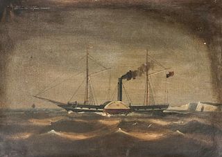 Antique Paddle Ship Oil Painting