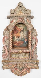 Old Cuzco School Painting in Ornate Carved Wood Frame
