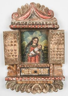 Old Cuzco School Painting of Madonna Cradling Baby