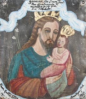 Antique Retablo of Jesus w. Child,  Dated "1910"