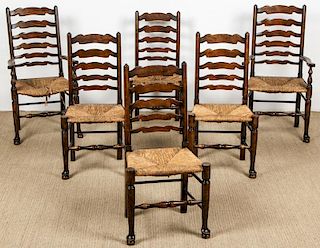 Set of 6 Dining Chairs, Ladder Back with Rushed Seat
