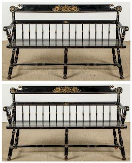 Matching Pair of Black Benches with Gold Stenciling