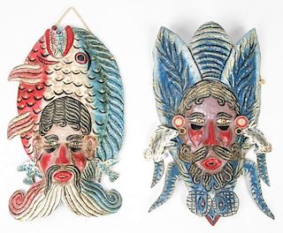 Pair of Mexican Copper Painted Folk Art Masks