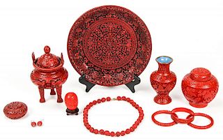 Collection of 10 Chinese Cinnabar Style Carvings