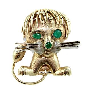 Vintage 14K Lion Pin with Emerald Eyes & Nose