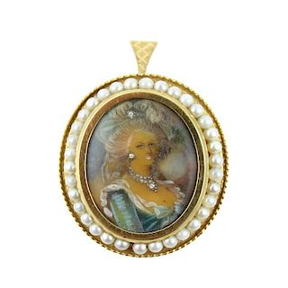 18K 'YG' Oval Portrait Painting Pin & Brooch