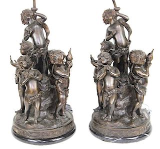 20th Century, French Style, Bronze, Cherub Lamps