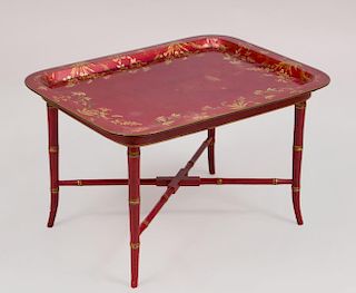 REGENCY PAINTED AND PARCEL-GILT PAPIER MÂCHÉ TRAY ON LATER WOOD STAND