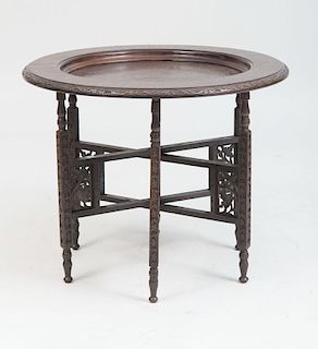 INDIAN STYLE OAK AND TEAK CARVED SIDE TABLE