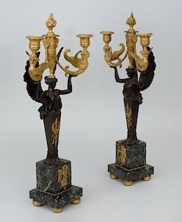 PAIR OF EMPIRE STYLE GILT AND PATINATED-BRONZE AND MARBLE THREE-LIGHT CANDELBRA