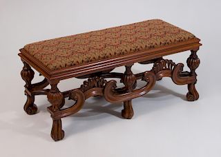VICTORIAN CARVED MAHOGANY UPHOLSTERED WINDOW BENCH